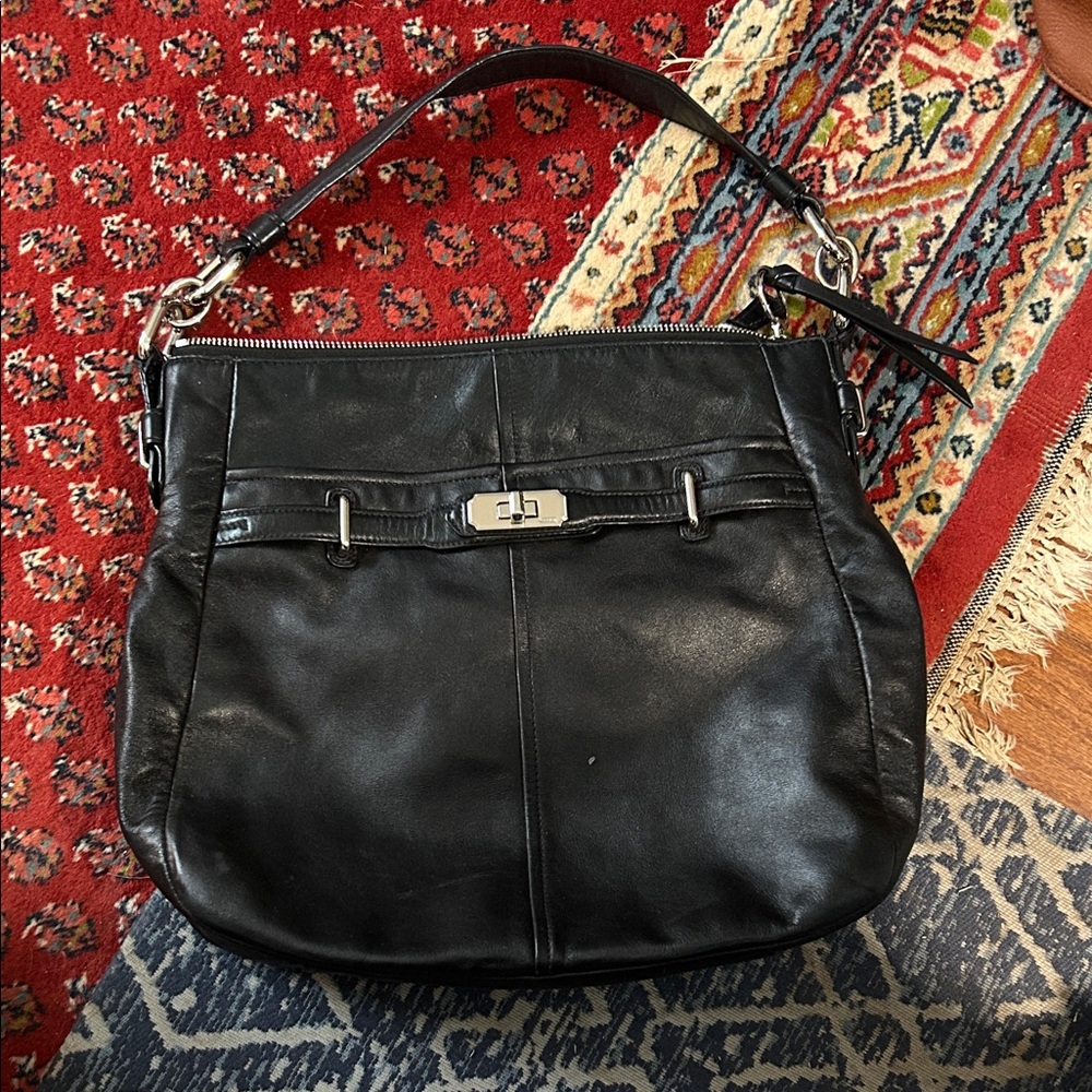 Coach Black Leather Shoulder Bag with Silver Turn-Lock